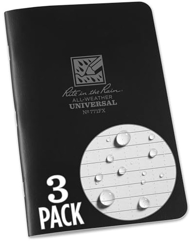 Rite In The Rain Waterproof Paper Notepad Staple Bound Pack of 3 Flex Cover Black 48 pages 24 sheets Saddle Stitch Binding Imperial and Metric Rulers, 4⅝ X 7- Inch