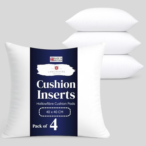 Lancashire Textiles 4 Pack 16 x 16” (40 x 40cm) Quality Microfibre Super Bounce Fibre Cushion Pads Made in Britain with Our Luxury Hollowfibre Filling
