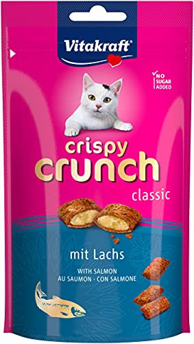 Vitakraft Crispy Crunch Classic, Katzen Leckerli, knuspriger Katzensnack gefüllt mit Lachs, im wiederverschließbaren Beutel, ohne Zusatz von Zucker (1x 60g)