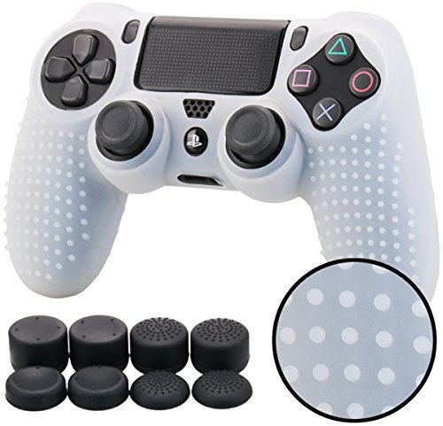 Pandaren® STUDDED Silikon Hülle Anti-Rutsch für PS4 controller x 1 (klar weiß) + FPS PRO thumb grips aufsätze x 8