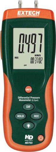 Extech HD755 Heavy Duty Differential Pressure Manometer - 0.5 psi Low Range & High Resolution | Digital HVAC Gauge with 11 Measurement Units, USB Interface, Backlit Display, and Hard Carrying Case