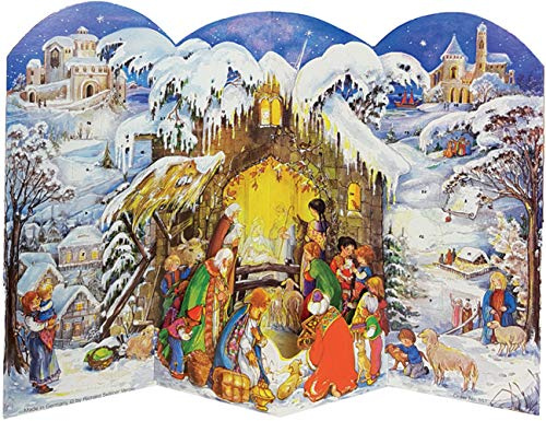 Stor tvådelad fristående adventskalender 24 dörrar 370 x 265 mm - julkrubba glitter pop up - med glitter och genomskinliga fönster - RS 557 - Traditionell antik tysk design