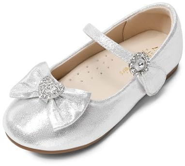 DREAM PAIRS Girls Mary Jane Dress Shoes Heart Rhinestone Front Bow Ballerina Flat for Wedding, Party, Birthday, Christmas (Toddler/Little Kid),Size 4 Toddler,Silver,ANGEL-22-1