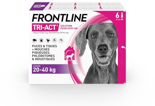 FRONTLINE Tri-Act Chien - Anti Puces, Tiques, Moustiques, Phlébotomes & Mouches - Traitement Radical En 6h - Pour Gros Chien De 20 à 40 kg - Fabriqué En France - 6 Pipettes Application Spot On