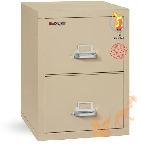 FireKing Fireproof Vertical File Cabinet (2 Letter Sized Drawers, Impact Resistant, Water Resistant), 27.75 H x 17.75 W x 25.06 D, Parchment