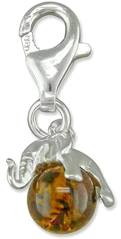 Lucky Elephant & Honey Amber Orb Sterling Silver Clip On Charm Pendant with Lobster Clasp for Women - Compatible with Thomas Sabo Charms Bracelet - Women's Clasp Charms