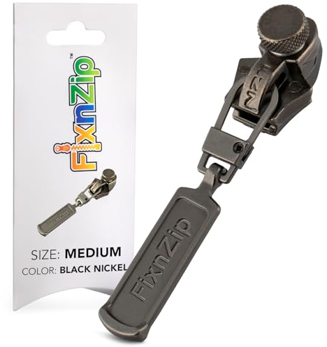 FixNZip Medium Black Nickel Zipper Repair Kit | Universal No-Sew Slider Replacement for Jackets, Sleeping Bags, Tents, and Duffel Bags | Instant and Reusable Zipper Repair Tool | Sizes 5-7