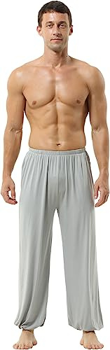 HOEREV Mens Super Soft Modal Spandex Harem Yoga- Pilates Pants, Grey, Medium