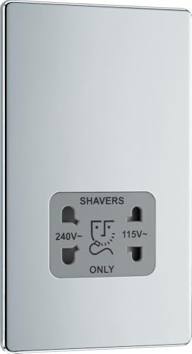 BG Electrical Dual Voltage Shaver Plug Socket, Electric Toothbrush Charger Socket for Bathrooms, Screwless Front Plate, Premium Flatplate, 2-Pin, Polished Chrome, Grey Inserts, 115V / 240V, FPC20G