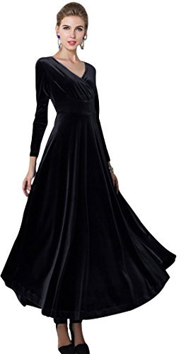 Damen Elegant V-Ausschnitt Langarm Samt Maxi Kleider Party A Linie Lang Abendkleider (XL, Schwarz)