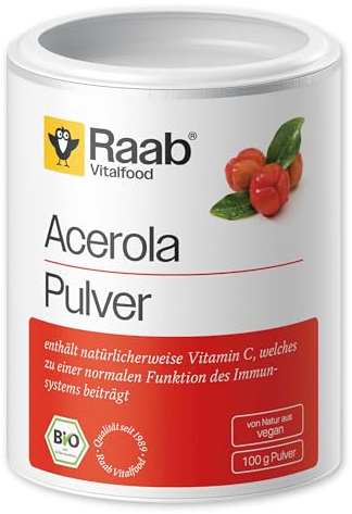 Raab Vitalfood Bio Acerola-Pulver, hochdosiert mit 17 % natürlichem Vitamin C, laborgeprüft, glutenfrei, vegan, Extrakt, Acerola-Kirsche, 100 g Dose