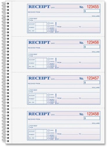 Adams Money and Rent Receipt Book, 2-Part Carbonless, 7-5/8 x 11, Spiral Bound, 200 Sets per Book, 4 Receipts per Page (SC1182)