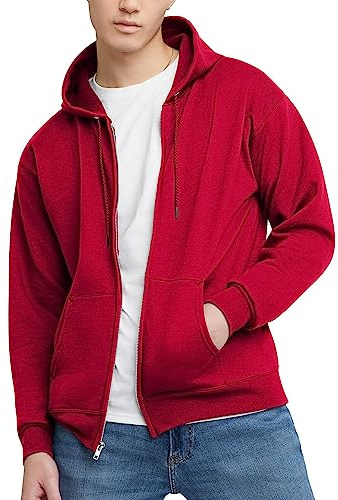 Hanes Huvtröja med dragkedja för män, EcoSmart fleece hel dragkedja huvtröja för män, tröja med huva, Mörkröd, XL