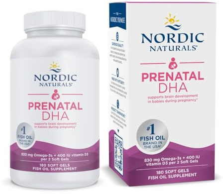 Nordic Naturals Prenatal DHA, Unflavored - 180 Soft Gels - 830 mg Omega-3 + 400 IU Vitamin D3 - Supports Brain Development in Babies During Pregnancy & Lactation - Non-GMO - 90 Servings