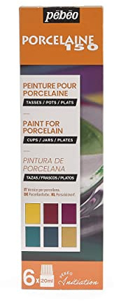 Pébéo Porcelain 150 Starter Set Gloss - 6 x 20 ml Bottles Porcelain Paint in Assorted Colours - Marseilles Yellow, Ruby Red, Fuchsia, Turquoise, Sapphire Blue, Gold