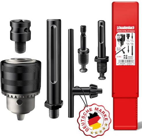 SCHWABENBACH® Kit 6 pièces Mandrin de perceuse à clé 1,5–13 mm (1/2-20 UNF) + 4 adaptateurs (SDS Plus, SDS Max, 1/4 Hex 6,3 mm, carré 1/2) + clé 110 mm – Conversion perceuse/visseuse