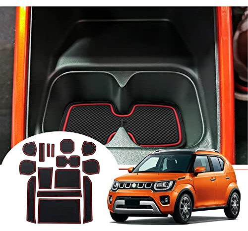GAFAT Suzuki Ignis 2017-2024 2025 Tappetini Antiscivolo Console Centrale, Ignis 2025 Tappetino in Gomma, Portabicchiere, Contenitore Antiscivolo, Cuciture per Portiera, Suzuki Ignis Accessori (Rosso)
