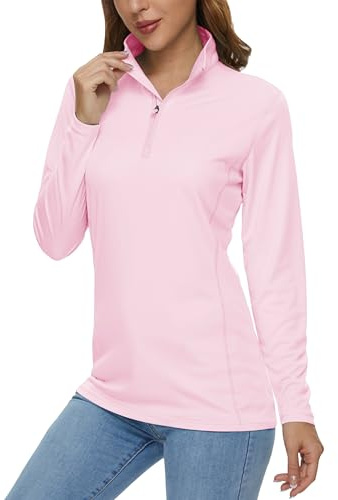 MAGCOMSEN Womens Golf Shirt Sun UPF 50 Pink Long Sleeve Shirts Moisture Wicking 1/4 Zip Pullover Women Sport Hiking Exercise,L