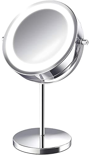 Retoo Kosmetikspiegel mit LED Beleuchtung, 32,7 cm höhe, Schminkspiegel, Doppelseitiger Makeup, Praktisch Vergrößerung Spiegel, Drehbar Make up Standspiegel, Tischspiegel für Zuhause