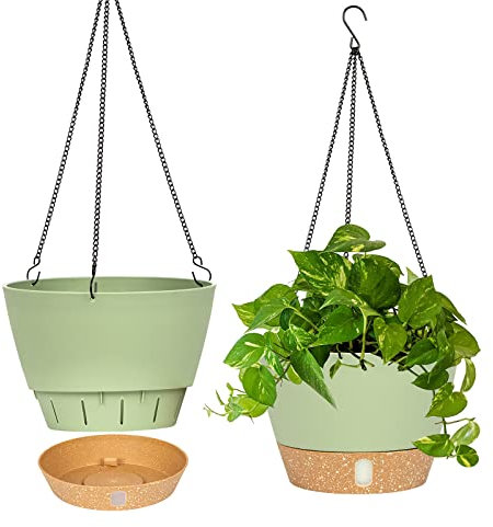 QCQHDU Hängepflanzgefäße für Innen- und Außenbereich, 25,4 cm, Hängekörbe, Blumentöpfe mit Reservoirschale und sichtbarem Wasserstand, 2 Stück