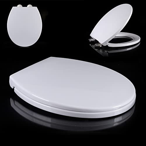 WC Sitz in ovaler Form WC Deckel mit Absenkautomatik weiß mit Schnellverschluss Befestigung an der Oberseite um 360° Verstellbare Scharniere Strapazierfähiger Klositz Max. Belastung 180 kg