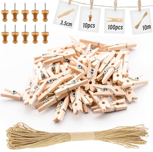 BOOHO 100 Stück Holzklammern 3,5cm, Mini Wäscheklammern DIY Geldgeschenke Deko für Fotos, Kleine Holzklammern mit 10 Nägeln und 10m Leinen für Fotowand Verpackung Gastgeschenk (3.5×0.7cm)