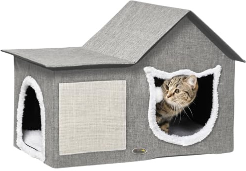 Pawhut Caseta para Gatos Casa para Gatos Interior Cama Cueva para Gatos con Almohadilla para Rascar Cojín Suave y Bola Colgante 65x41x45,5 cm Gris