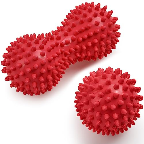 URAQT Balles de Massage, Lot de 2 Boules Haute Densité pour Relâchement Myofascial, Balle Lacrosse et Balles à Picots, Elimine Tensions et Stress Idéal pour Masser Pieds, Dos, épaules, Bras,Rouge