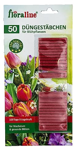 floraline® | 50x Blühpflanzen - Düngestäbchen | pro Stäbchen: Dünger für bis zu 100 Tage prächtige Blumen mit wundervollen Blüten | für z. Bsp. Rosen, Dahlien, Orchideen, Begonien, Hibiskus