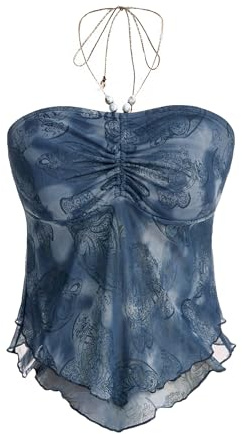 Floerns Women's Beaded Halter Ruched Lettuce Trim Ruched Cami Crop Tube Top Blue Large