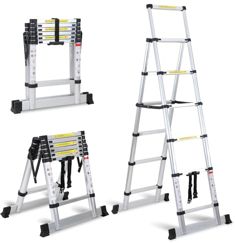 Uggleke teleskopstege hopfällbar stege 1,7 + 2 m aluminiumstege bärbar halkfri utdragbar stege 5 + 6 steg, 150 kg lastkapacitet, utdragbar stege, multifunktionsstege, hushållsstege, trappstege