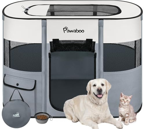 Pawaboo Parc Enclos Pliable Chien Chat, Enclos Intérieur Extérieur Portable, Cage Clôture Tente d'exercice en Tissu Oxford pour Petits Animaux, avec Bol à Nourriture, L, Gris