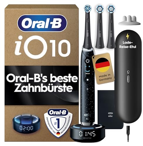 Oral-B iO Series 10 Elektrische Zahnbürste — Electric Toothbrush, Inkl. 3 Aufsteckbürsten, iOSense, Lade-Reise-Etui — 7 Putzmodi für Zahnpflege, Zahnbürste Elektrisch, Designed by Braun, Schwarz