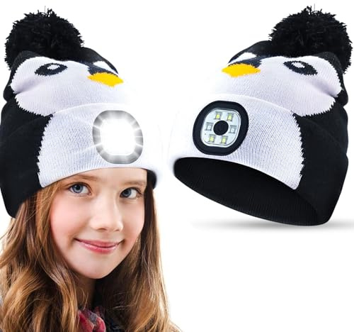 Mössa barn vinter, vintermössa barn LED-mössa, USB uppladdningsbar vintervärmare, huva, presentidéer jul för pojkar flickor stickad mössa
