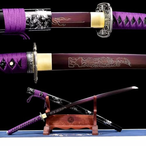 103cm handgefertigtes Katana-Schwert,hochwertige Klinge aus Kohlenstoffstahl mit Gebackenes lila Handwerk,Scheide aus massivem Holz mit Lack,echtes Katana für Cosplay,Maskerade,Weihnachten,Kendo