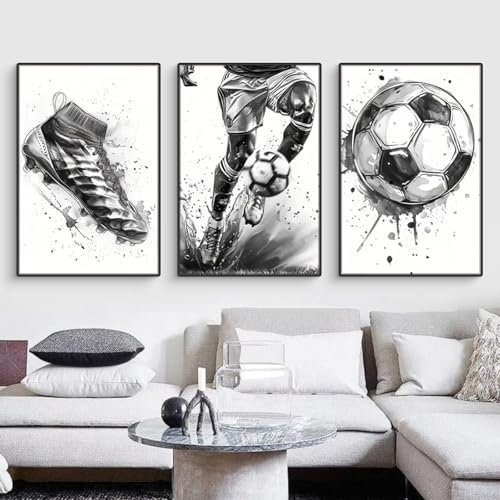 Wall Picture Set of 3 Black White Football Canvas Art Pictures Modern Poster Art Print Picture Living Room Bedroom Wall Decoration Without Frame (30 x 40 cm)