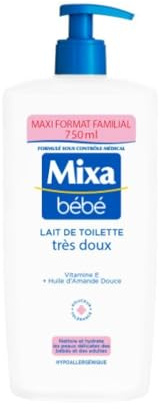 Mixa Baby - Latte da toilette molto delicato all'olio di mandorle e vitamina E, per il bagno quotidiano dei bambini e pelli delicate, pulisce e nutre la pelle, ipoallergenica, 750 ml