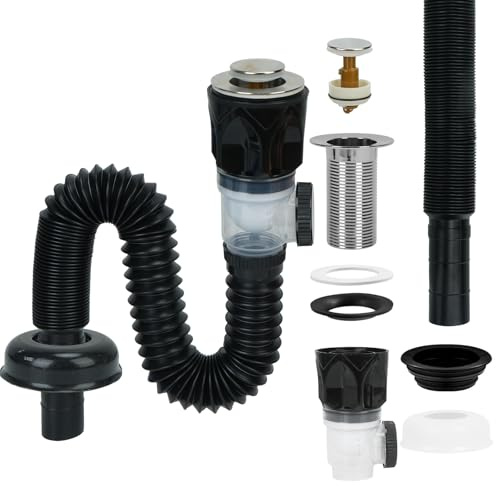 FALSKT Kit Desague Lavabo Sifón Lavabo Sifon Cocina Desagüe Lavabo con Manguera de Drenaje Flexible Retráctil y Tapón de Drenaje Mergente Prueba de Fugas y Olores Escalable 230-800 mm Negro