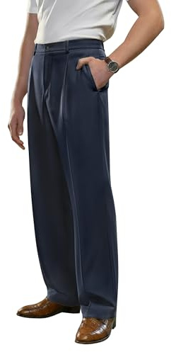 PLEPAN Men's Casual Dress Pants Pleated Baggy Wide Leg Relaxed Fit Slacks Expandable Waist Trousers Dark Blue Large