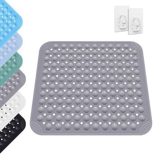 Duschmatte, 48 x 48cm, Quadrat Duschmatte mit Saugnapf, rutschfeste Massage Matte, Badewannenmatte rutschfest mit 2 Haken, Maschinenwaschbar, für Dusche und Sauna, Grau
