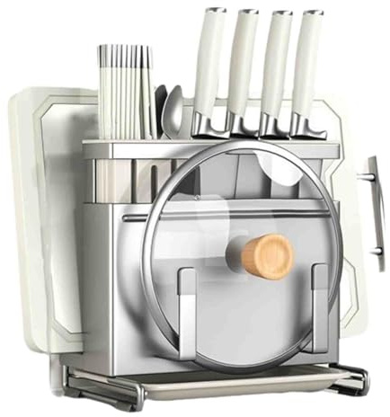 JUSHZ Range Couvercle Rangement Couvercle Casserole Support Planche A Decouper Porte-couteaux Panier À Couverts Avec Bac D'égouttage Acier Inoxydable (Silver,25.3x14.1x23cm)
