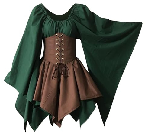 Halloween Costume Medieval Costume for Womens Trumpet Sleeve Irish Shirt Dress with Corset Traditional Dress Halloween Women M Cosplay Costumes Gothic Retro Long Sleeve Corset Dress (Coffee, S)