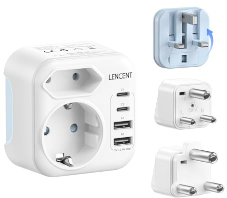 LENCENT typ D, G och M kombi-reseadapter med 2 USB-C 2 USB-A-portar | vikbar resekontakt för Sri Lanka Sydafrika Botswana Namibia Simbabwe Nepal reseuttag, kontakt, adapter, ström
