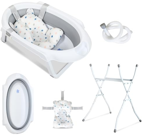 Hebitod Bañera plegable para bebés con soporte, cojín de baño, manguera de drenaje e indicador de temperatura, ahorra espacio, estable para recién nacidos de 0 a 3 meses