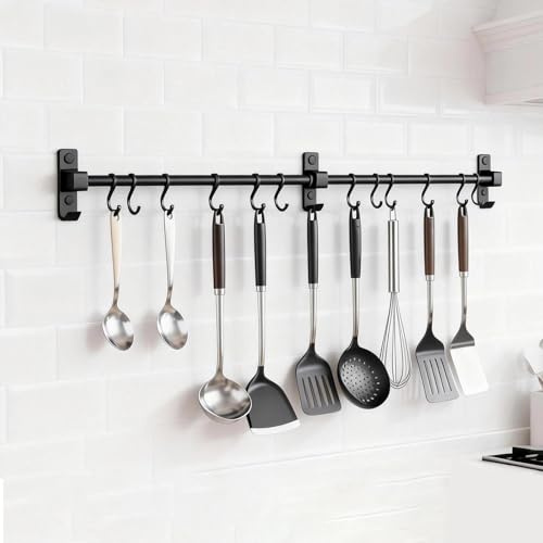 AMONENZ Porte-Ustensiles Mural 80 cm, Barre de Ustensiles Suspension avec 12 Crochets Amovibles, Aluminium Support Mural Cuisine, Noir Patère de Cuisine, pour Planches à Découper, Cuillères, Ciseaux