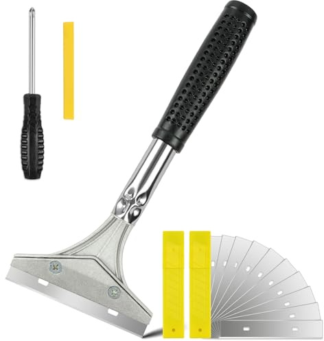 ANOMM Raschietto per Pulizia, Raschietto per Piastrelle con Impugnatura Morbida con 20 Lame in Acciaio Inox, Pulitore per Vetri con Cacciavite, per Piastrelle, Vetro, Finestre (Argento-23cm)