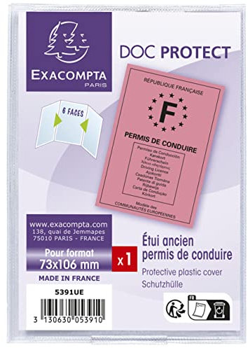 Exacompta - Réf. 5391UE - 1 étui de protection pour permis de conduire rose au format à classer 7,3 x 10,7 cm - étui 6 faces en PVC lisse - Pour un usage intensif - Couleur cristal