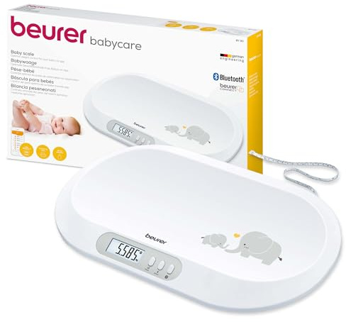 Beurer BY 90 Babywaage mit kostenloser App (iOS + Android) integriertes Maßband, 20 kg Tragkraft und Hold-Funktion für stramplende Babys