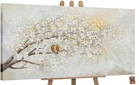 YS-Art Quadri dipinti a mano su tela con paesaggio Alba Primaverile e uccelli murale Pittura astratta fiori colore brillante 100x50 cm