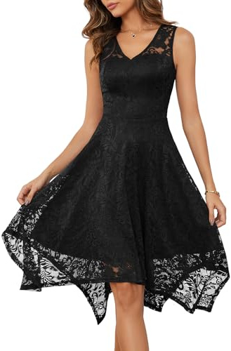 Meetjen Womens Cocktail Dress Fit and Flare Lace Prom Midi Asymmetrical Short Fancy Dresses for Wedding Guest Black M